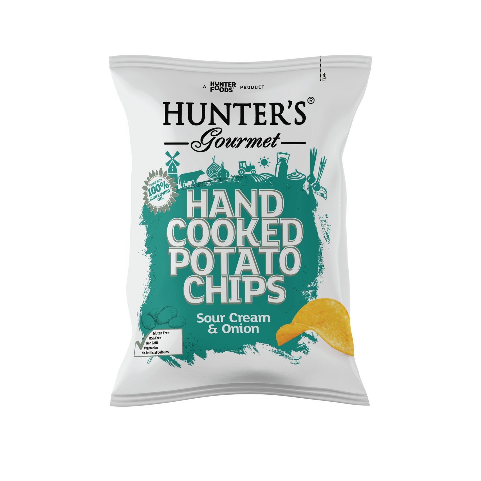 67ab2762726bad280e613aa9.jpg Hunter's Gourmet Sour Cream & Onion Hand Cooked Potato Chips, 125g - Image 1