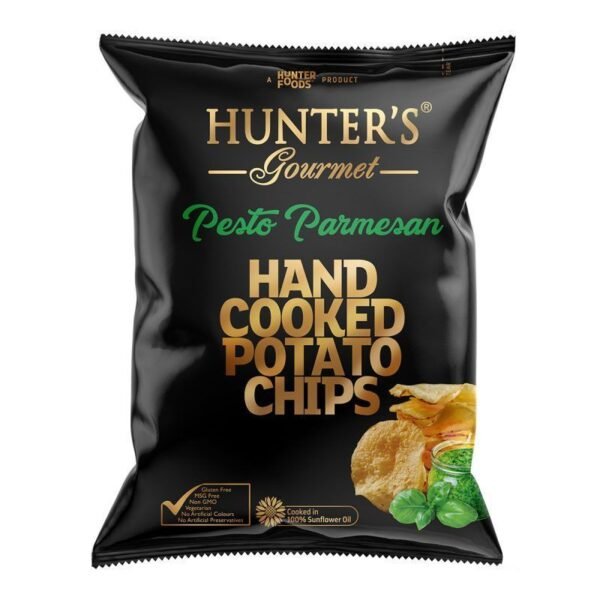 Hunter's Gourmet Pesto Parmesan Flavored Hand Cooked Potato Chips Pouch, 125g