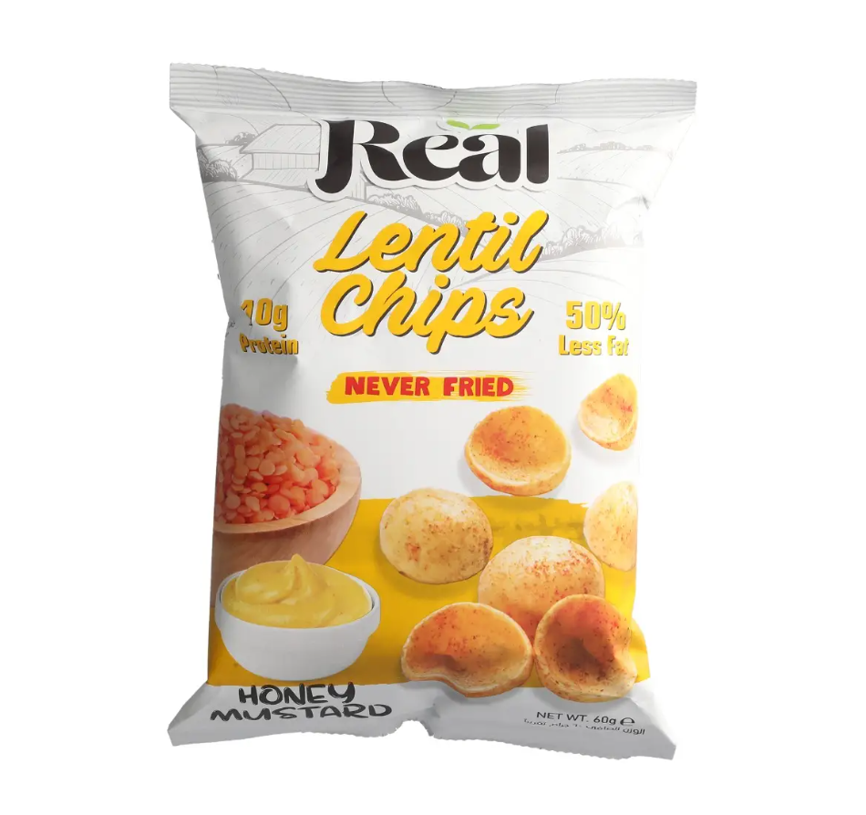 EGY_6224011749183.png Real Nutrition Lentil Protein Chips Honey Mustard 35Gm - Image 1