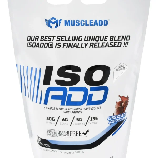 Muscleadd Iso Add Low Fat Hydrolyzed & Isolate Whey Protein Powder Chocolate Ice Cream Flavor - banned substances free, lactose free, no added sugar