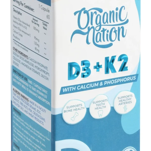 Organic Nation Vitals 100mcg Vitamin D3 & 90mg Vitamin K2 Bone, Teeth & Arteries Support Supplement with Calcium & Phosphorus