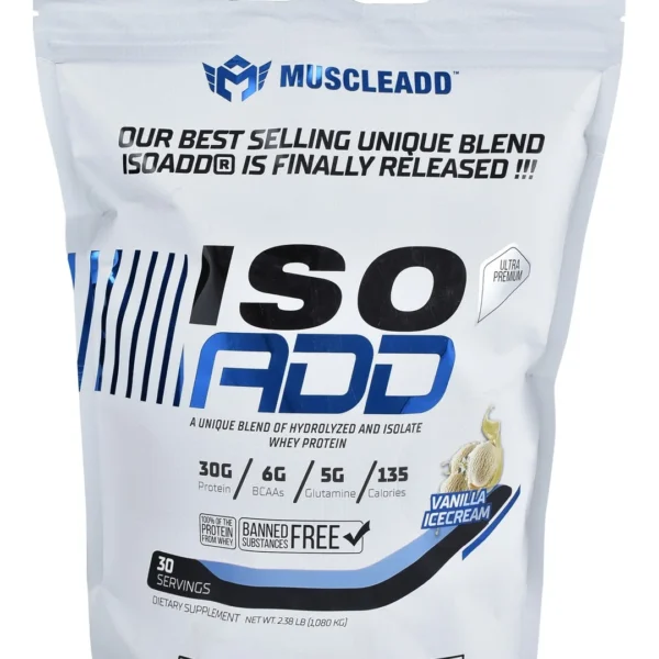 Muscleadd Iso Add Low Fat Hydrolyzed & Isolate Whey Protein Powder Vanilla Ice Cream Flavor - banned substances free, lactose free, no added sugar