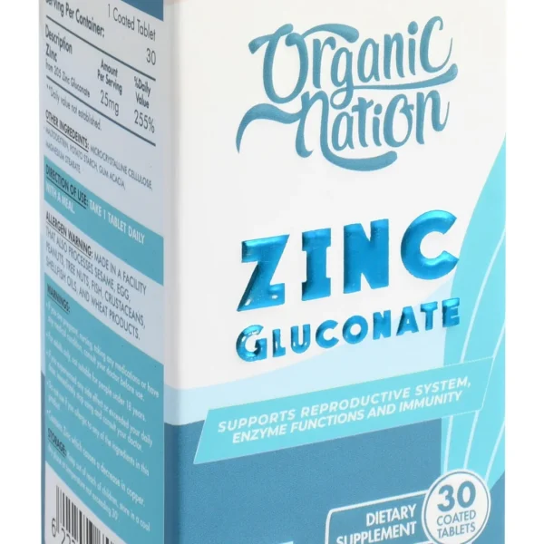 Organic Nation Vitals 25mg Zinc Gluconate Reproductive & Immunity System Support Supplement