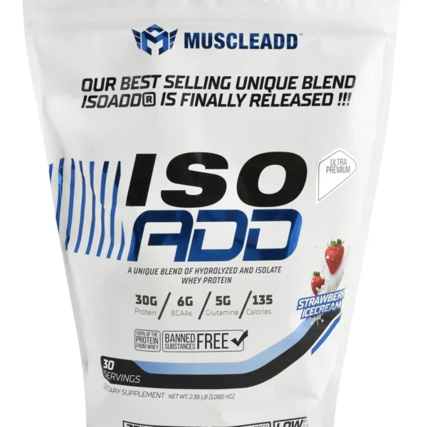 Muscleadd Iso Add Low Fat Hydrolyzed & Isolate Whey Protein Powder Strawberry Ice Cream Flavor - banned substances free, lactose free, no added sugar