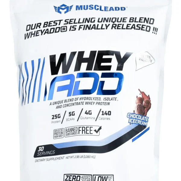 Muscleadd Low Fat Whey Protein Powder Chocolate Ice Cream Flavor - banned substances free, no added sugar