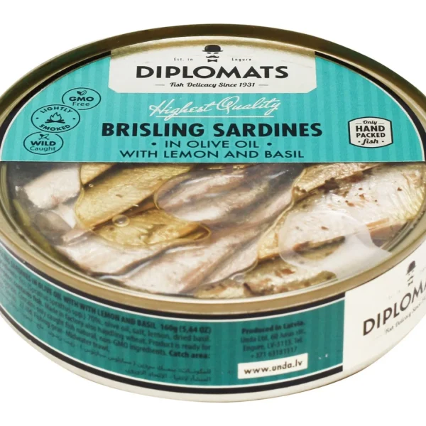 Diplomats Brisling Sardines with Basil & Lemon in Olive Oil - GMO free
