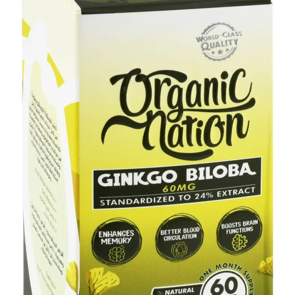 Organic Nation 60mg Ginkgo Biloba Supplement for Memory Enhancer, Blood Circulation & Brain Function Booster - vegan, GMO free